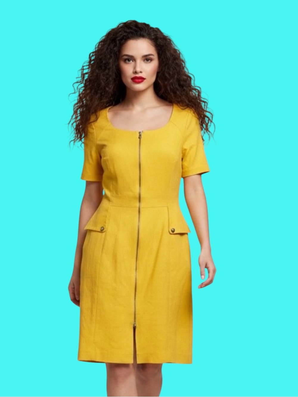 Chetta B. Yellow Zip-Front Structured Sheath Dress - Size 16
